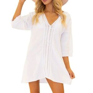 Seaspice Peruvian Cotton Resort Tunic Swim Cover Mini Dress White Crochet Trim M